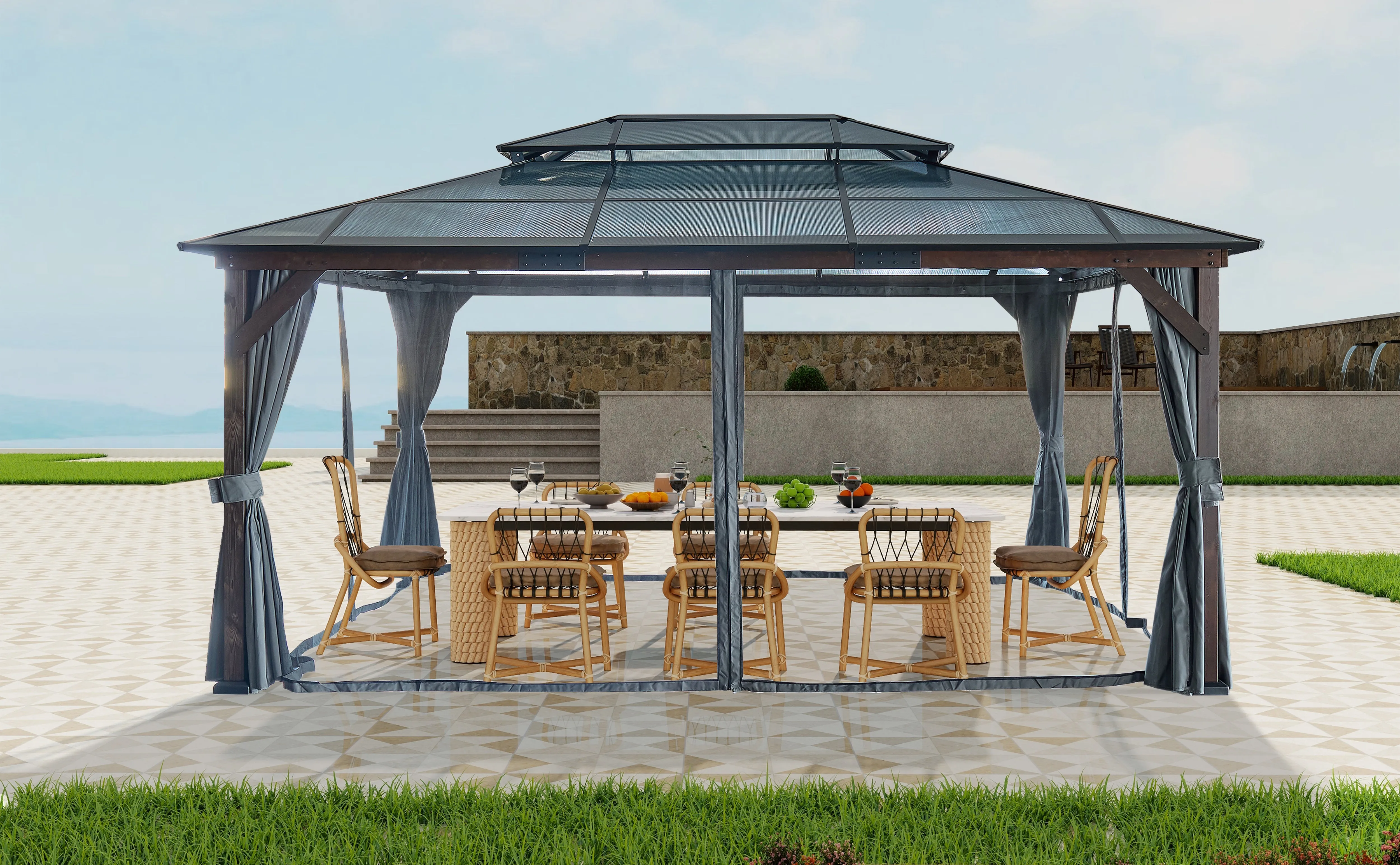 12' x 16' Hardtop Wood Gazebo for Patios, Outdoor Framed Gazebo with Polycarbonate Double Roof Canopy, Solid Wooden Framed Gazebo with Privacy Curtains and Mosquito Nettings for Garden, Backyard