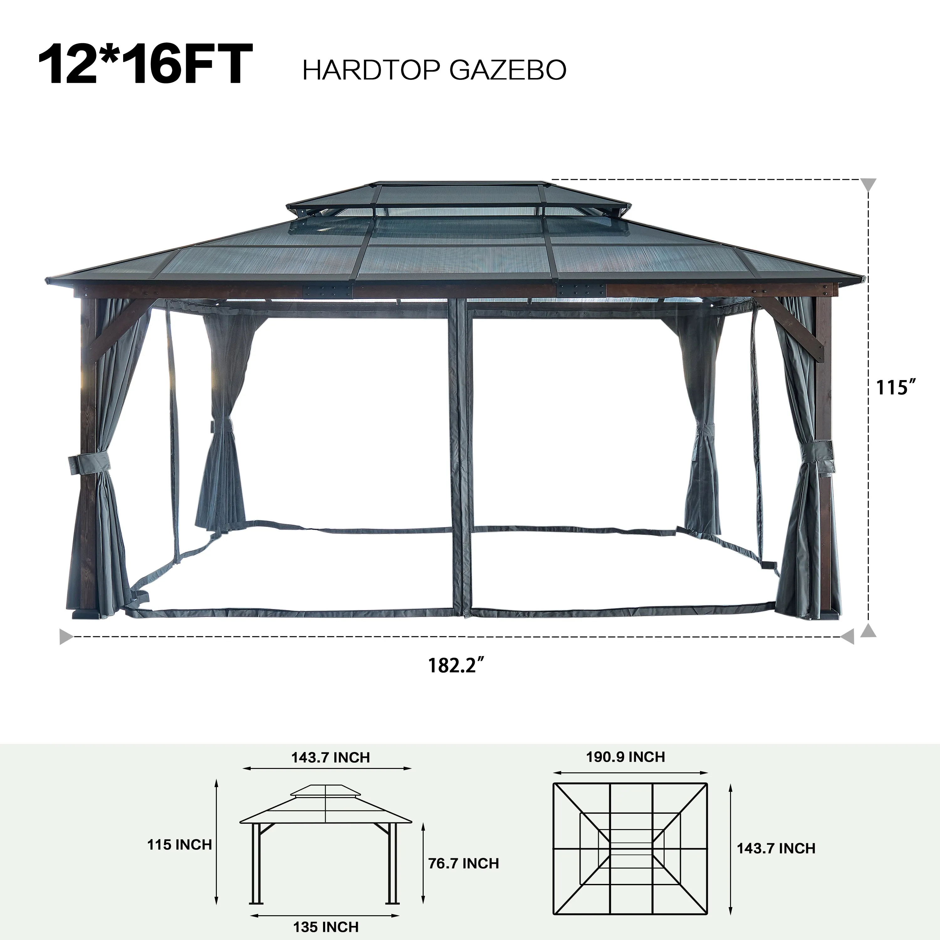 12' x 16' Hardtop Wood Gazebo for Patios, Outdoor Framed Gazebo with Polycarbonate Double Roof Canopy, Solid Wooden Framed Gazebo with Privacy Curtains and Mosquito Nettings for Garden, Backyard