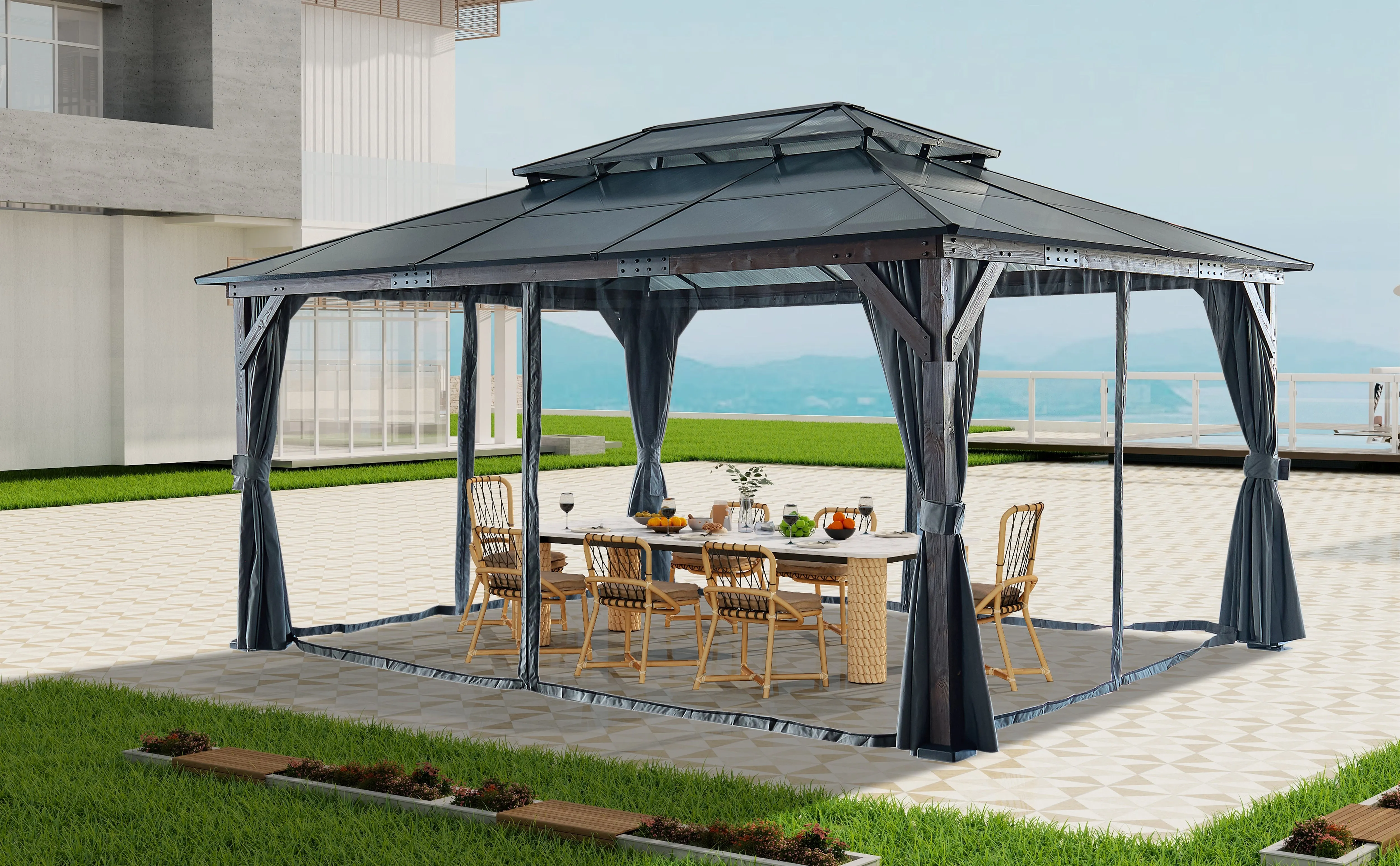 12' x 16' Hardtop Wood Gazebo for Patios, Outdoor Framed Gazebo with Polycarbonate Double Roof Canopy, Solid Wooden Framed Gazebo with Privacy Curtains and Mosquito Nettings for Garden, Backyard