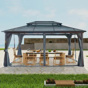 12' x 16' Hardtop Wood Gazebo for Patios, Outdoor Framed Gazebo with Polycarbonate Double Roof Canopy, Solid Wooden Framed Gazebo with Privacy Curtains and Mosquito Nettings for Garden, Backyard