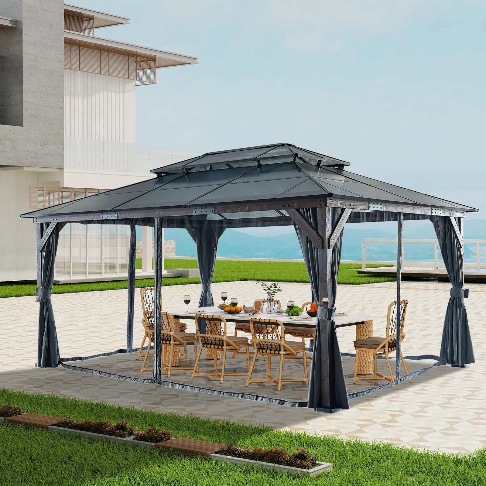 12' x 16' Hardtop Wood Gazebo for Patios, Outdoor Framed Gazebo with Polycarbonate Double Roof Canopy, Solid Wooden Framed Gazebo with Privacy Curtains and Mosquito Nettings for Garden, Backyard