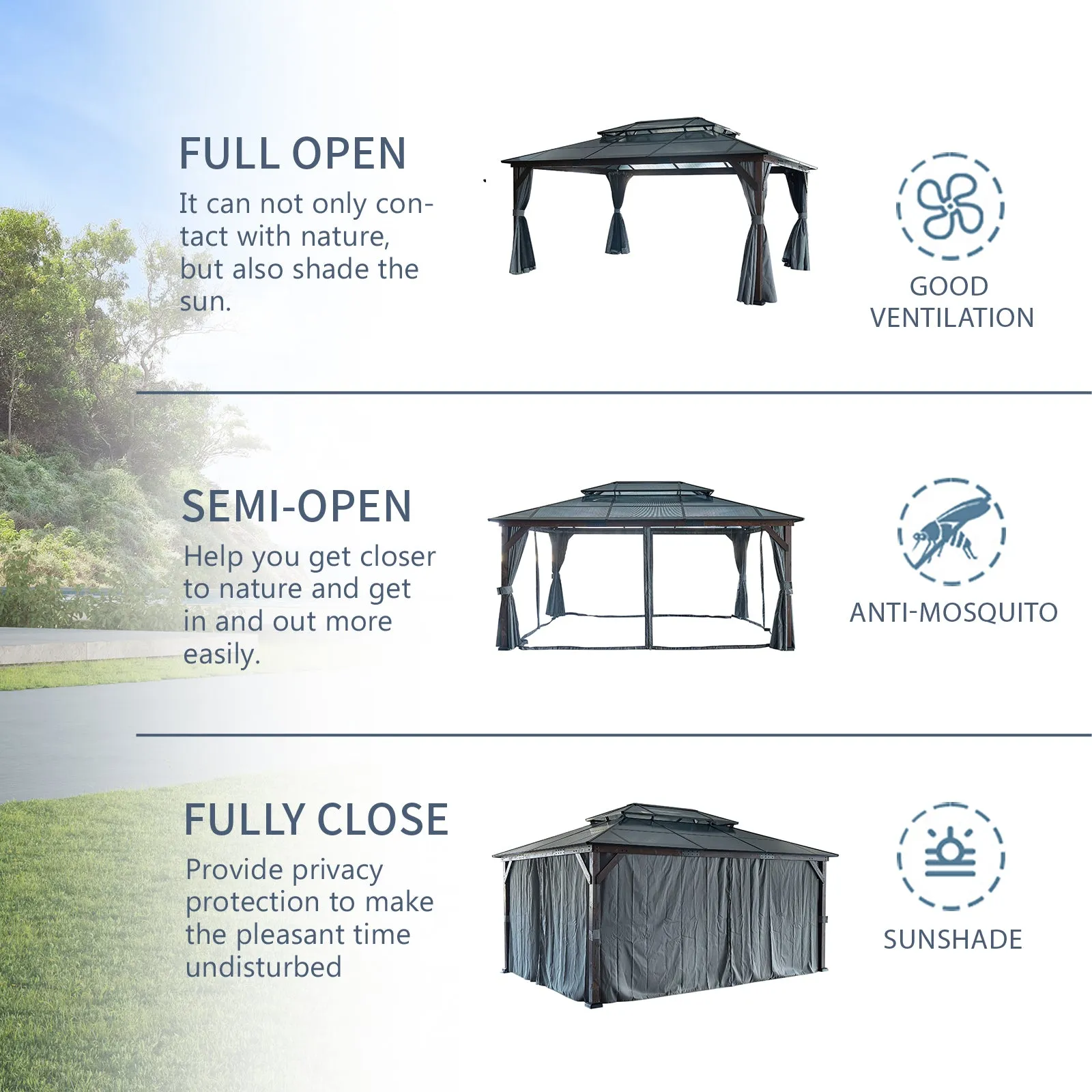 12' x 16' Hardtop Wood Gazebo for Patios, Outdoor Framed Gazebo with Polycarbonate Double Roof Canopy, Solid Wooden Framed Gazebo with Privacy Curtains and Mosquito Nettings for Garden, Backyard