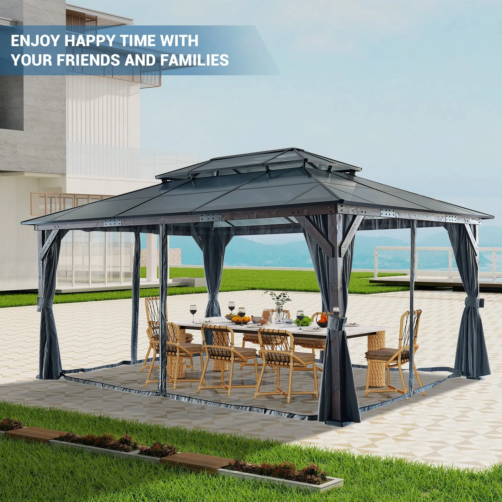 12' x 16' Hardtop Wood Gazebo for Patios, Outdoor Framed Gazebo with Polycarbonate Double Roof Canopy, Solid Wooden Framed Gazebo with Privacy Curtains and Mosquito Nettings for Garden, Backyard