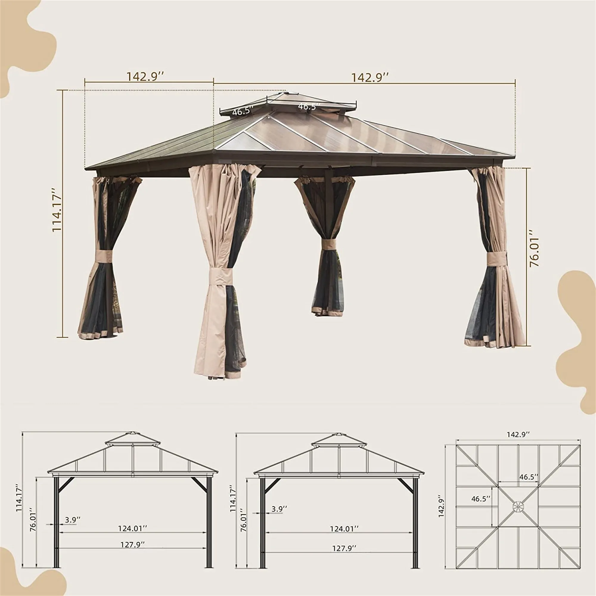 12'x12' Hardtop Gazebo, Permanent Outdoor Gazebo with Polycarbonate Double Roof, Aluminum Gazebo Pavilion with Curtain and Net for Garden, Patio, Lawns, Deck, Backyard(Brown)