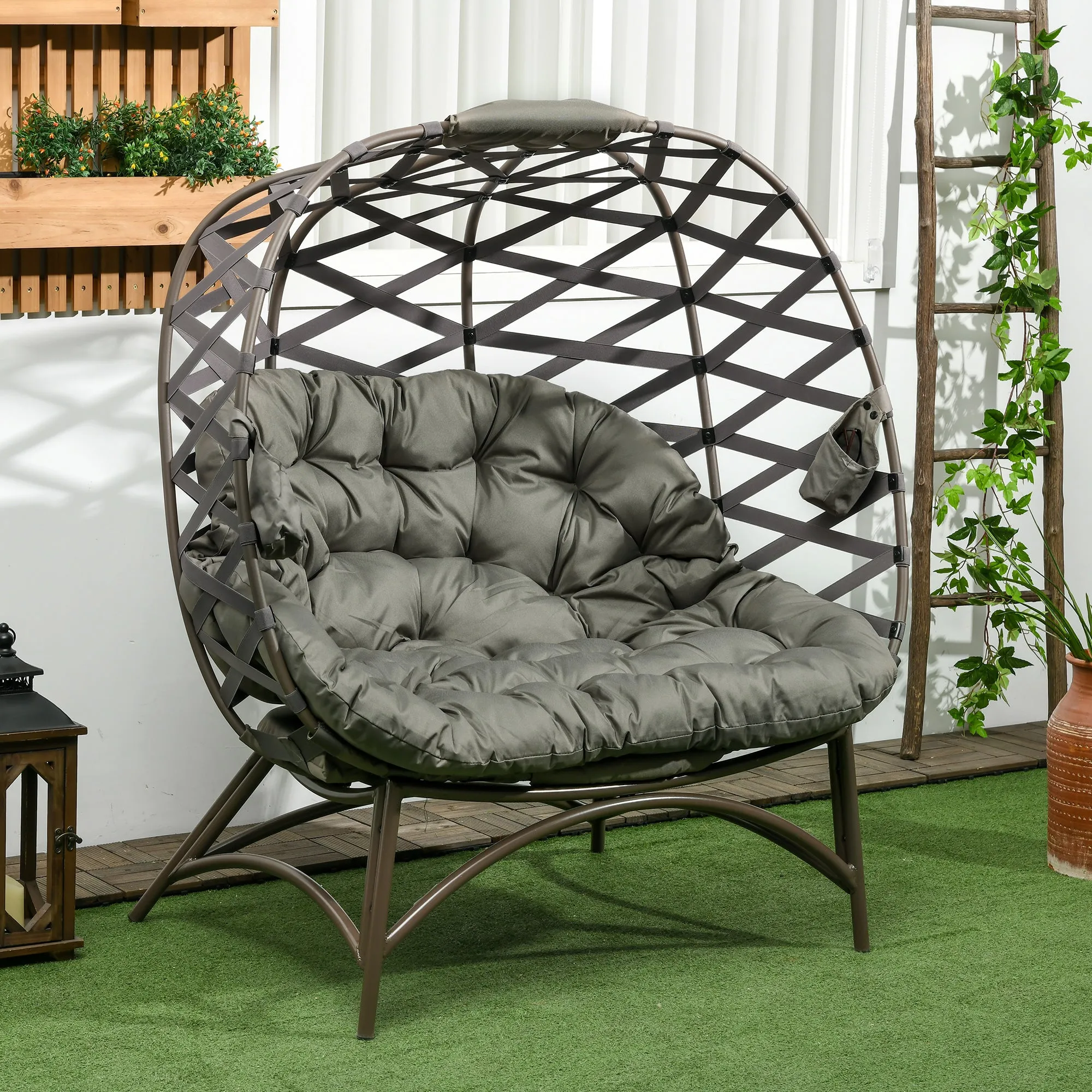 2 Seater Egg Chair Outdoor, Folding Weave Garden Furniture Chair with Cushion, Cup Pockets - Sand Brown