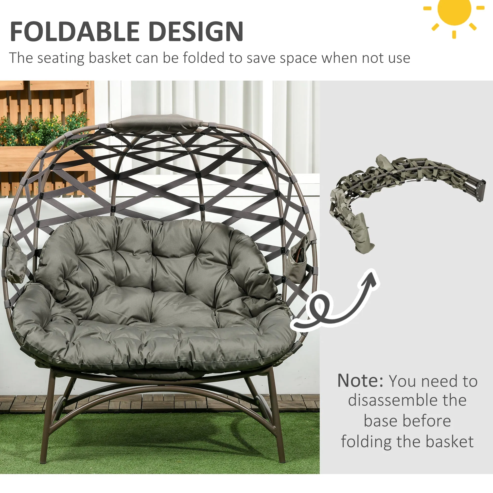 2 Seater Egg Chair Outdoor, Folding Weave Garden Furniture Chair with Cushion, Cup Pockets - Sand Brown