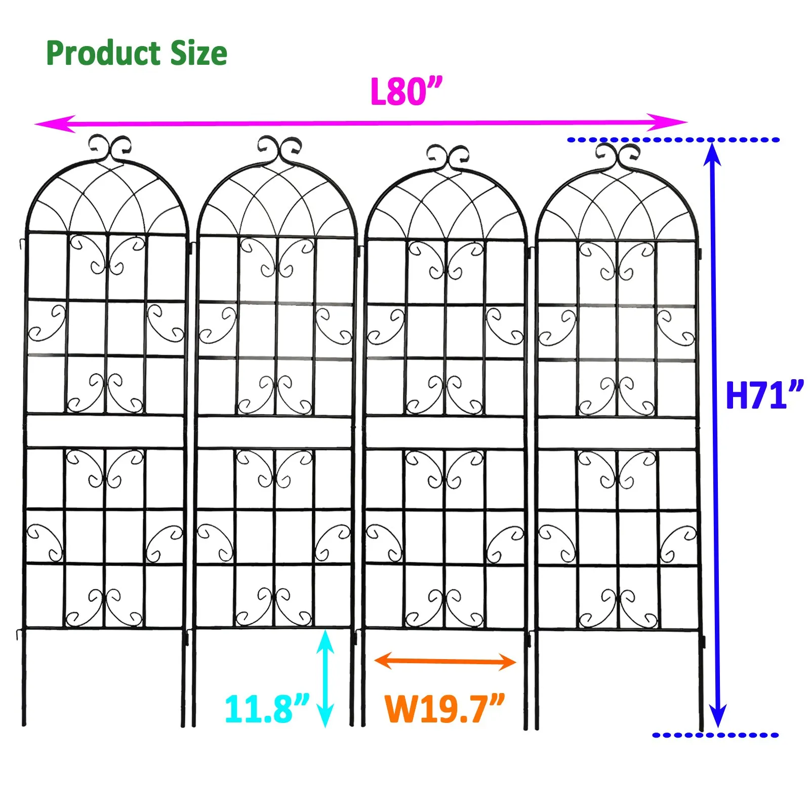 4 Pack Metal Garden Trellis 71" x 19.7" Rustproof Trellis for Climbing Plants Outdoor Flower Support Black