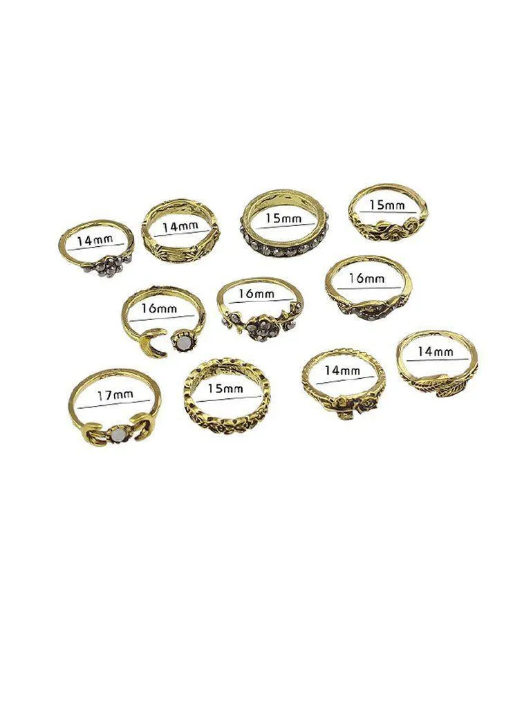 At-Gold 11Pcs/Set Moon Flower Leaf Jewelry Rings