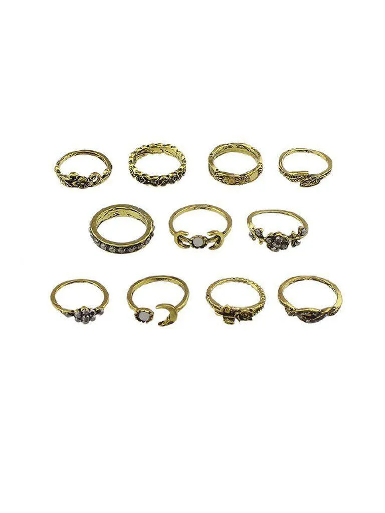 At-Gold 11Pcs/Set Moon Flower Leaf Jewelry Rings