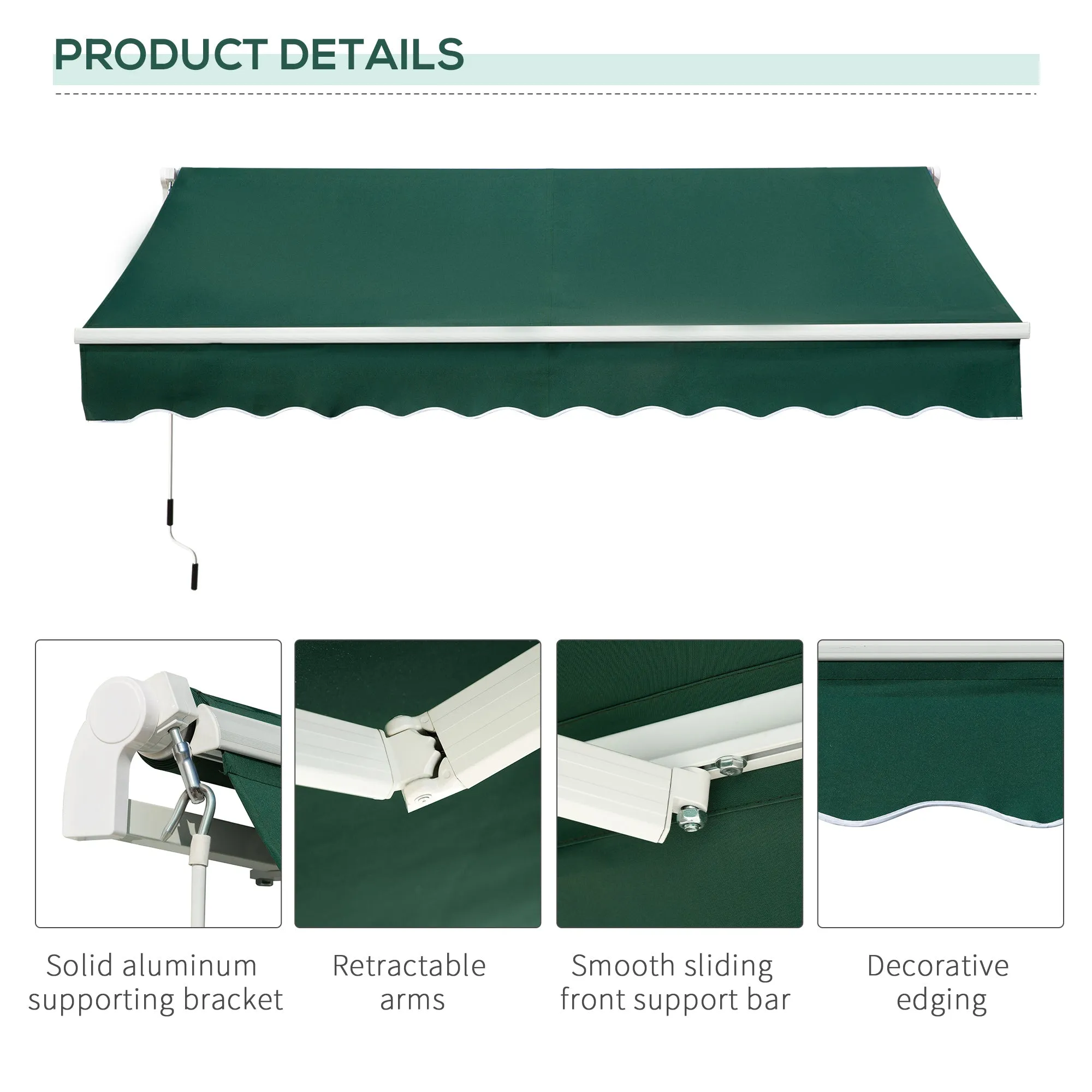 Awnings for Patio Awning Canopy Shelter Garden Sun Shade UV Blocker Weight Aluminium Frame w/ Hand Crank 3 x 2m Green