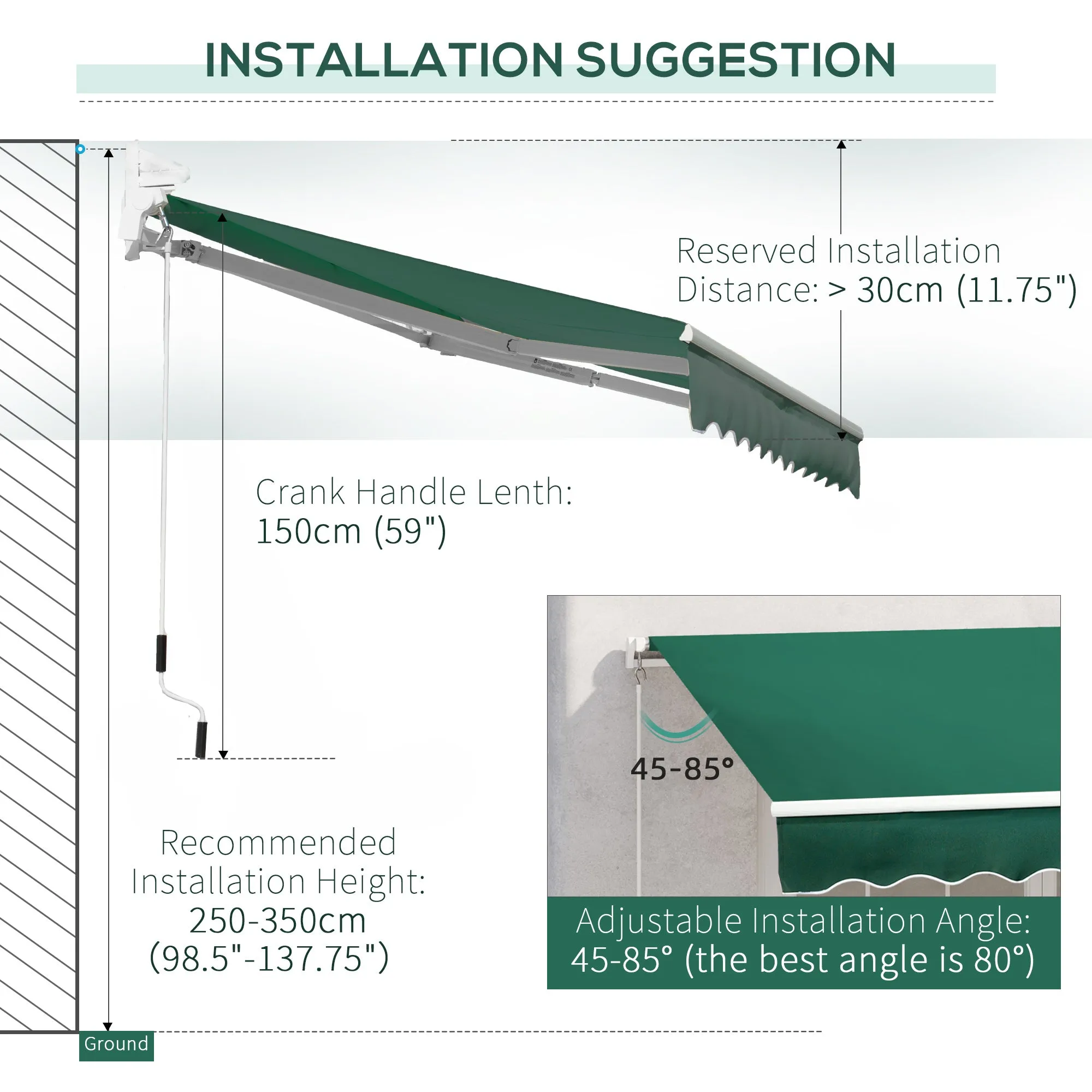 Awnings for Patio Awning Canopy Shelter Garden Sun Shade UV Blocker Weight Aluminium Frame w/ Hand Crank 3 x 2m Green