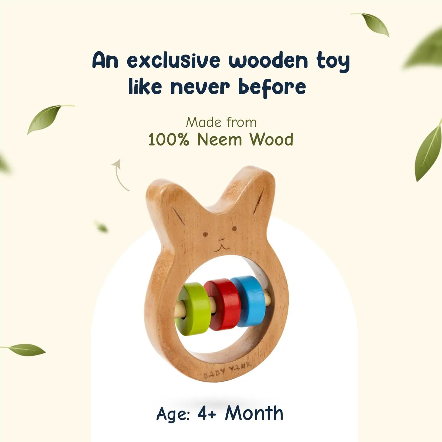 Baby Yank Neem Wooden Bunny Rattle (Teething Toy) to Develop Sensory Skills for Newborn Babies, Infants, Toddlers, Safe & Non-Toxic Wooden Rattle Toy (0 to 1 Year) Ivory