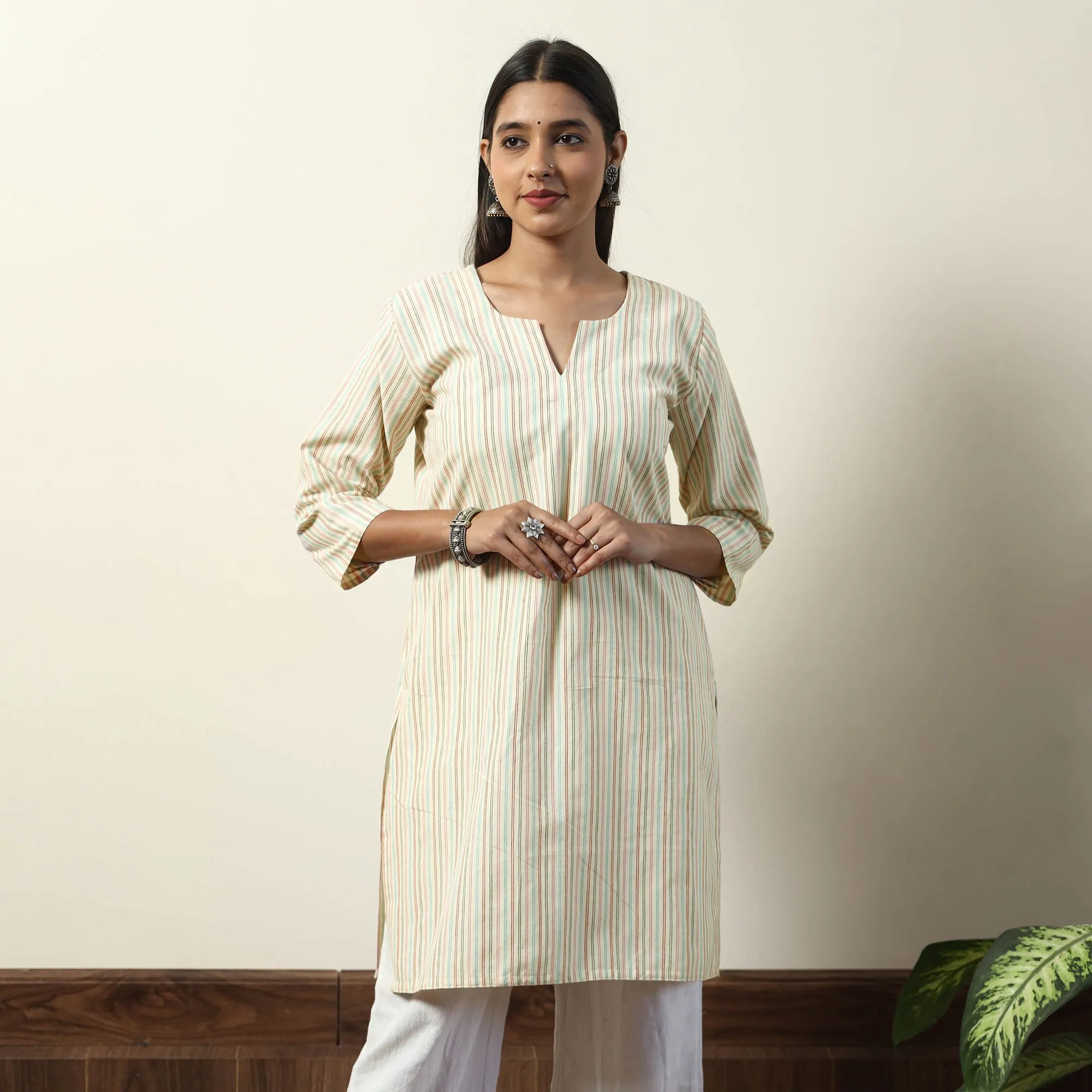 Beige - Jhiri Handloom Cotton Straight Short Kurta