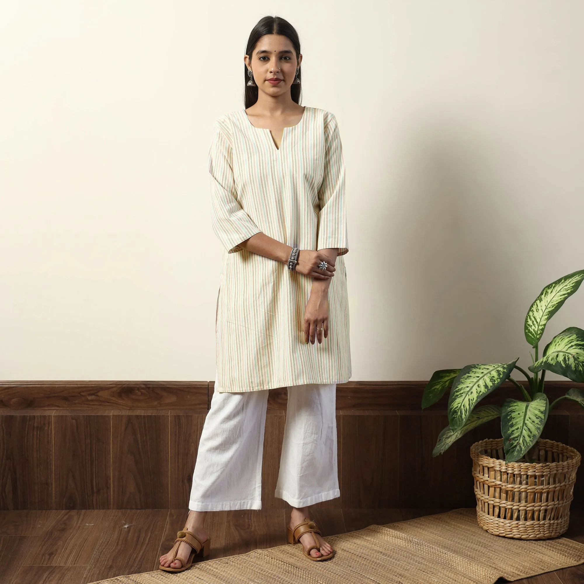 Beige - Jhiri Handloom Cotton Straight Short Kurta