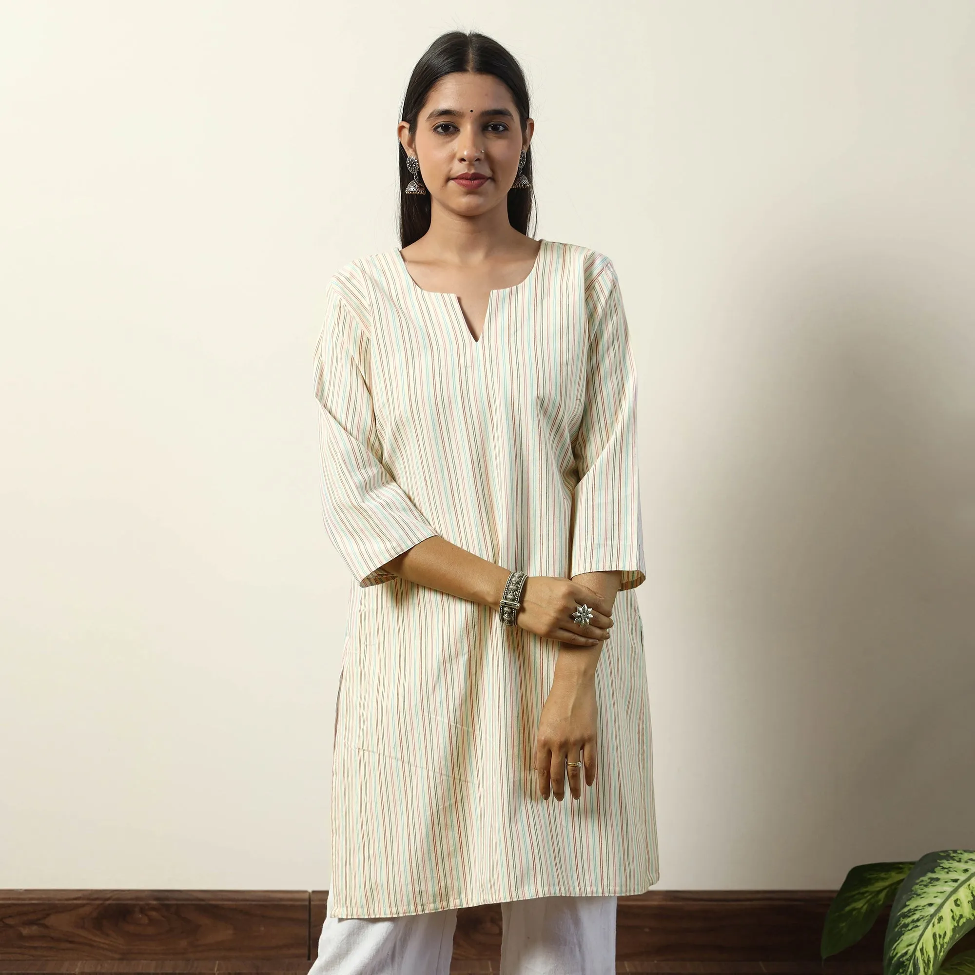 Beige - Jhiri Handloom Cotton Straight Short Kurta