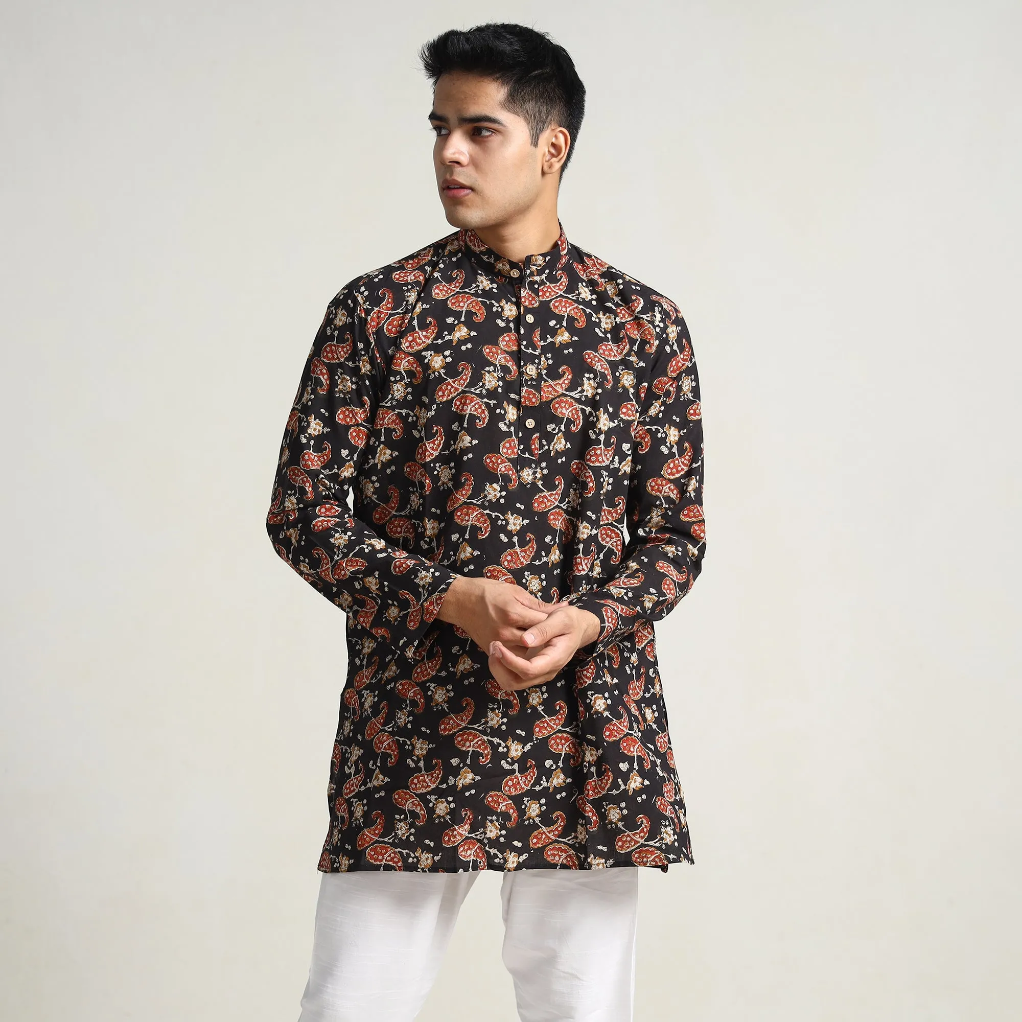 Black -  Bagru Block Printed Cotton Men Short Kurta 14