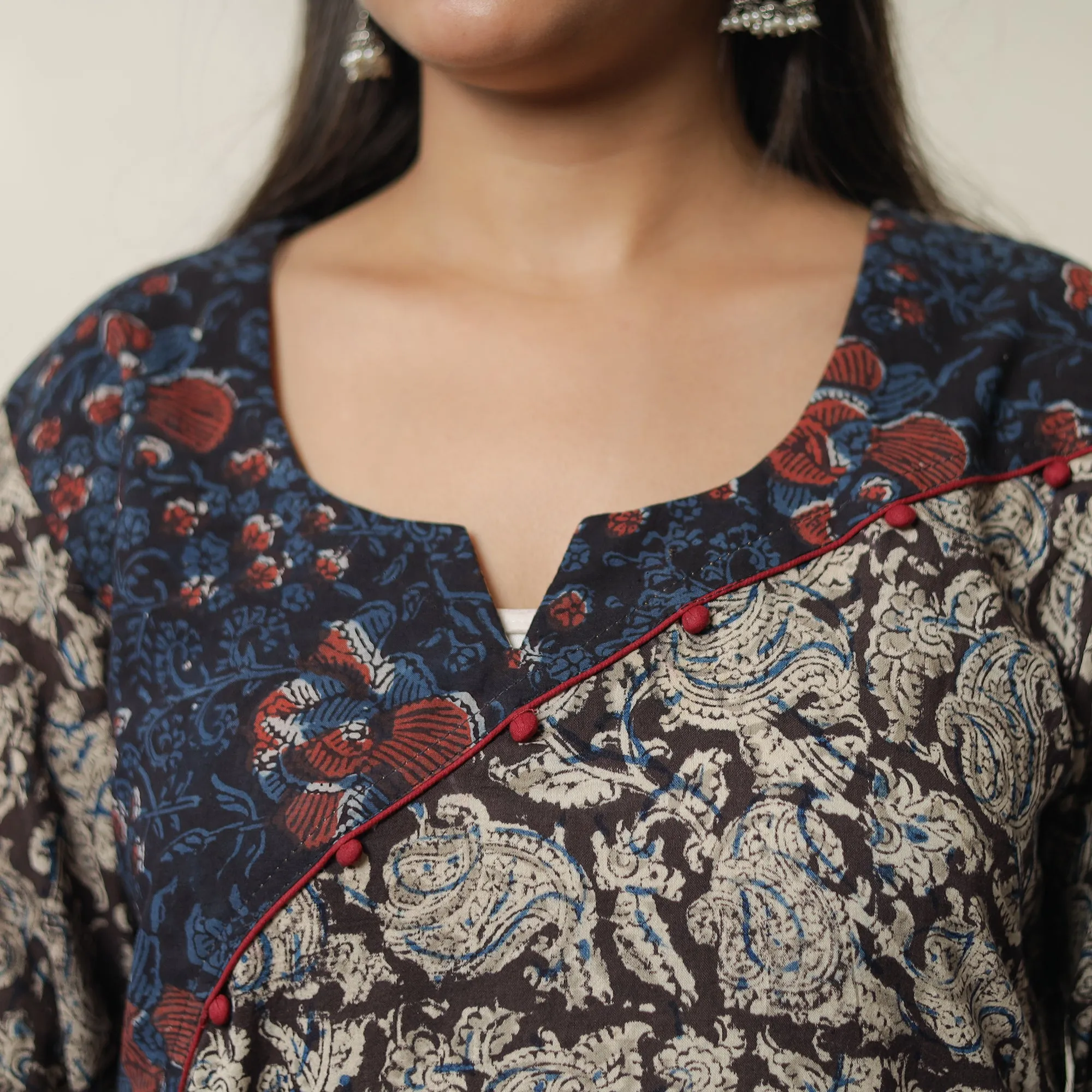 Black - Pedana Kalamkari Block Printed Cotton Short Kurta with Ajrakh Patchwork 02