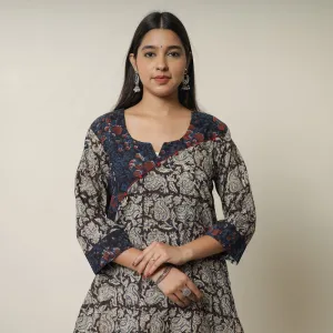 Black - Pedana Kalamkari Block Printed Cotton Short Kurta with Ajrakh Patchwork 02