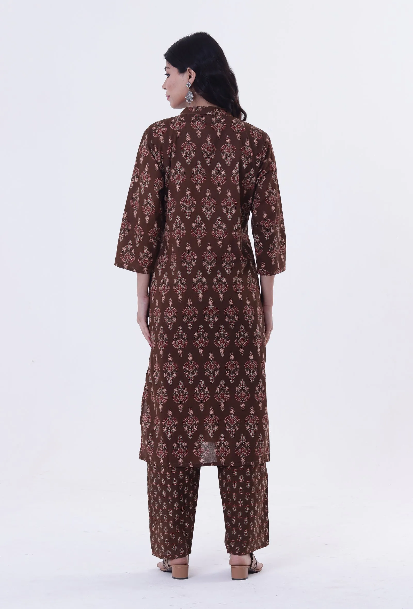 Brown & Multicolor Cotton Block Printed Kurta