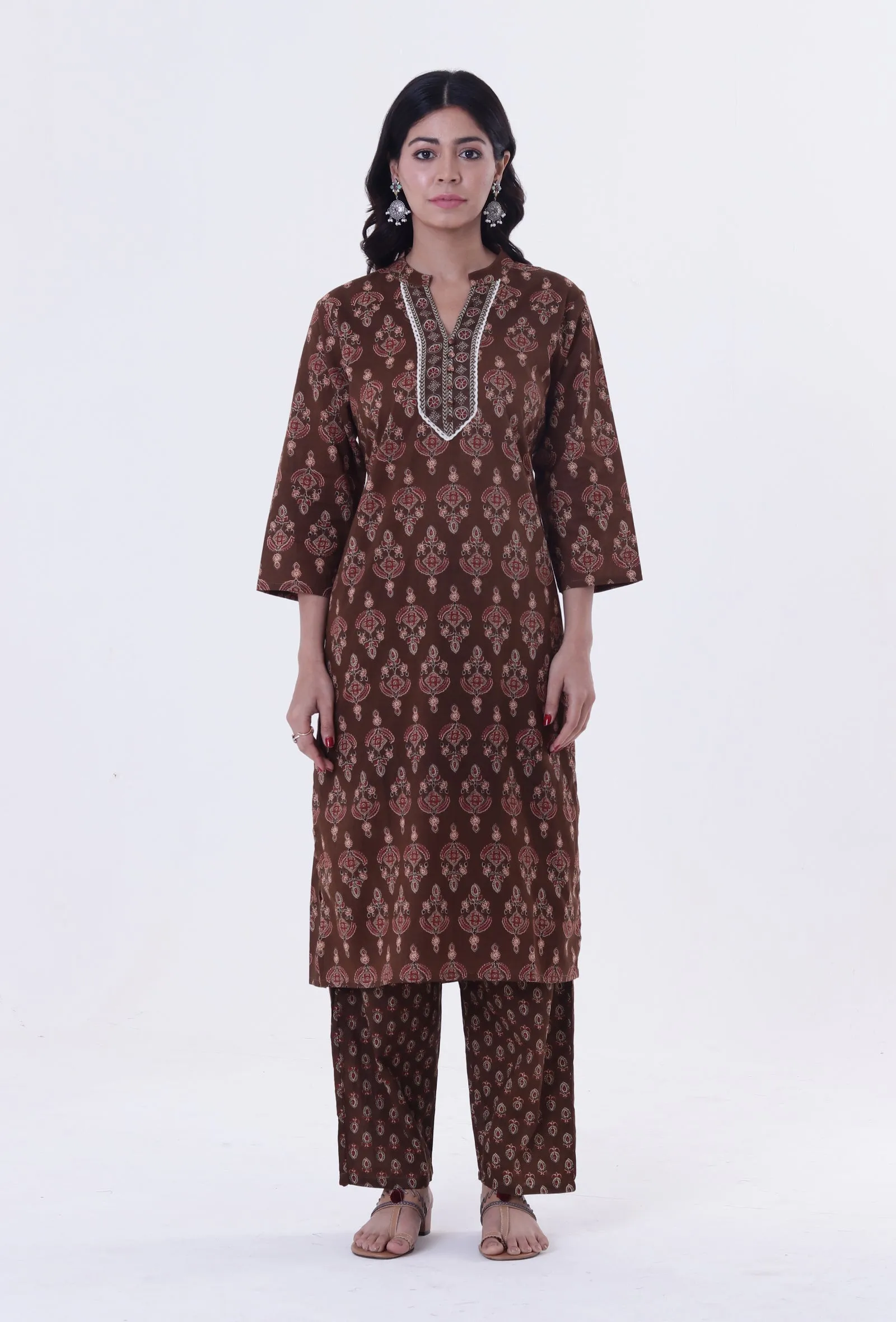 Brown & Multicolor Cotton Block Printed Kurta