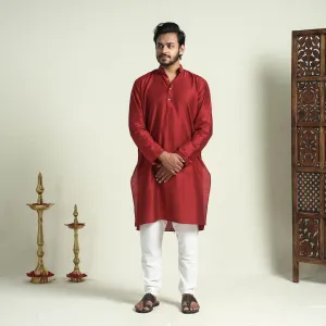 Dark Red - Plain Dyed Slub Silk Men Long Kurta