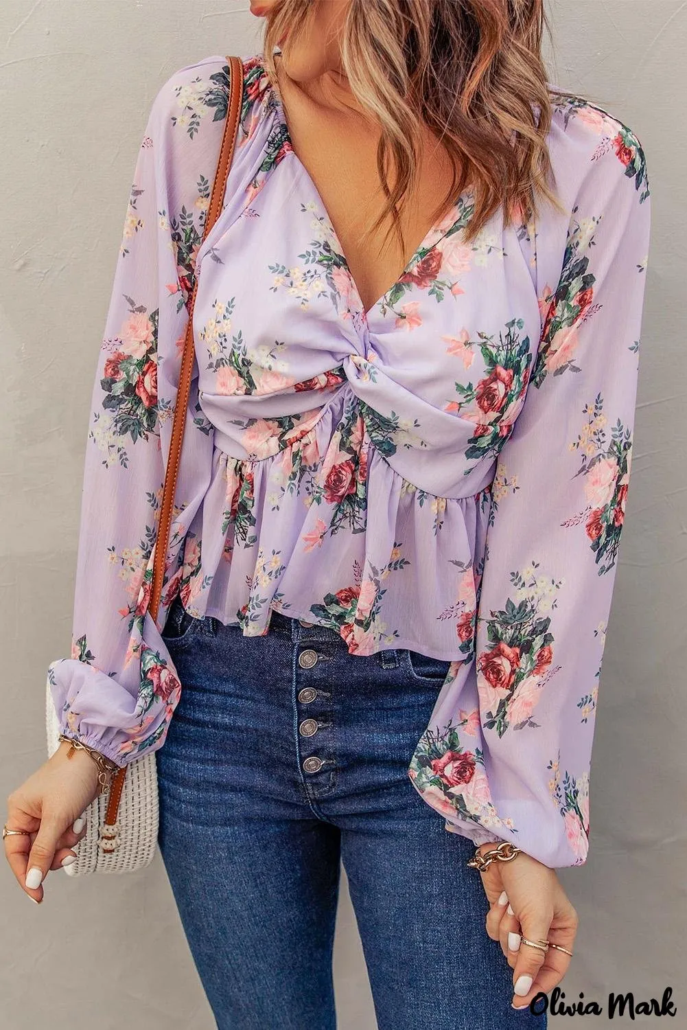 Deanwangkt - Beige Floral V-Neck Balloon Sleeve Twist Front Blouse