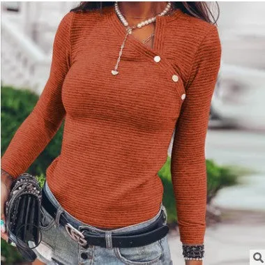 Fashion casual all-match oblique shoulder button irregular long-sleeved shirt