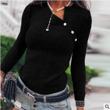 Fashion casual all-match oblique shoulder button irregular long-sleeved shirt