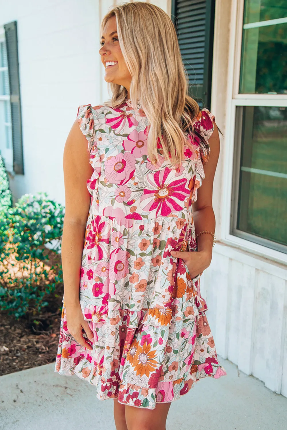 Floral Print Casual Ruffled Sleeveless Tiered Short Dress