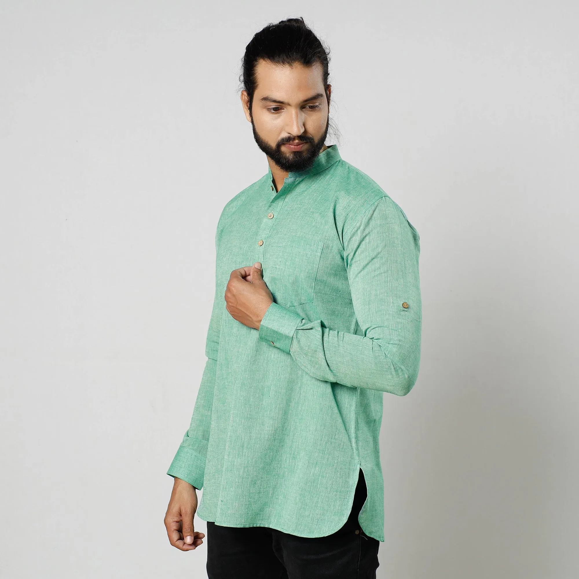 Green & White Textured Fine Cotton Handloom Men Short Kurta