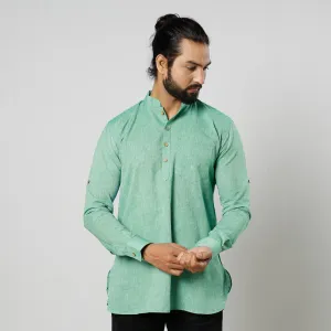 Green & White Textured Fine Cotton Handloom Men Short Kurta