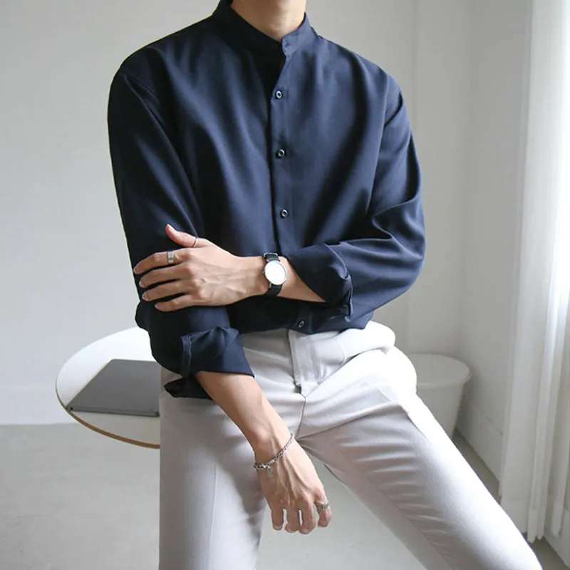 Men's Casual Stand Collar Solid Color Long Sleeve Shirt