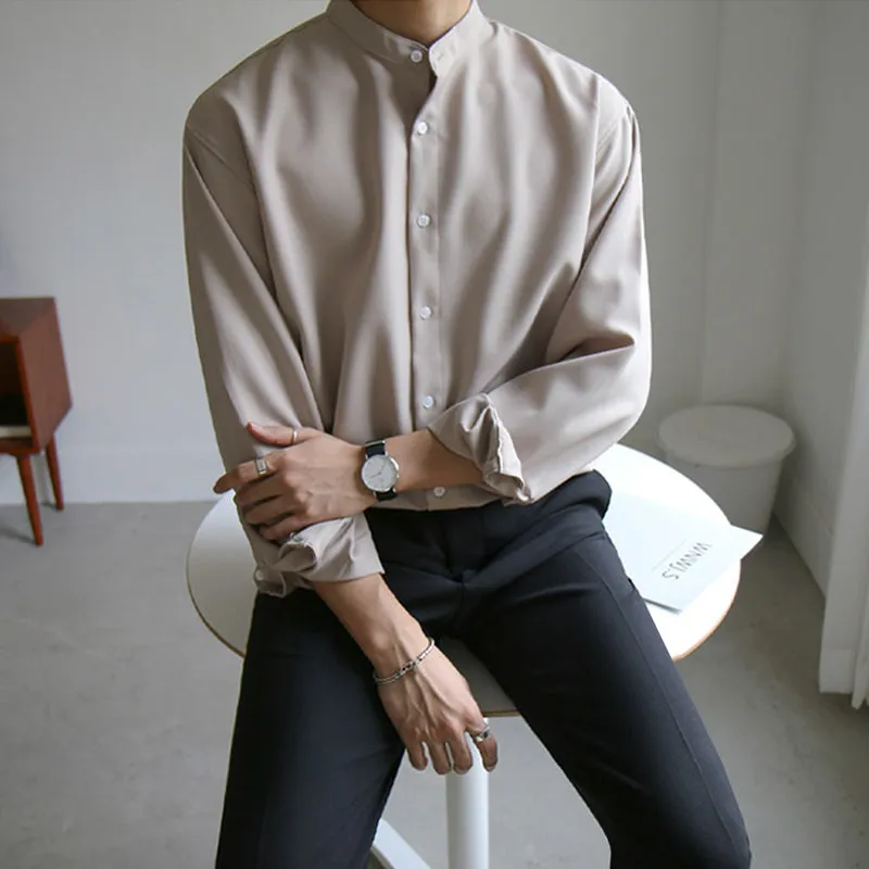 Men's Casual Stand Collar Solid Color Long Sleeve Shirt