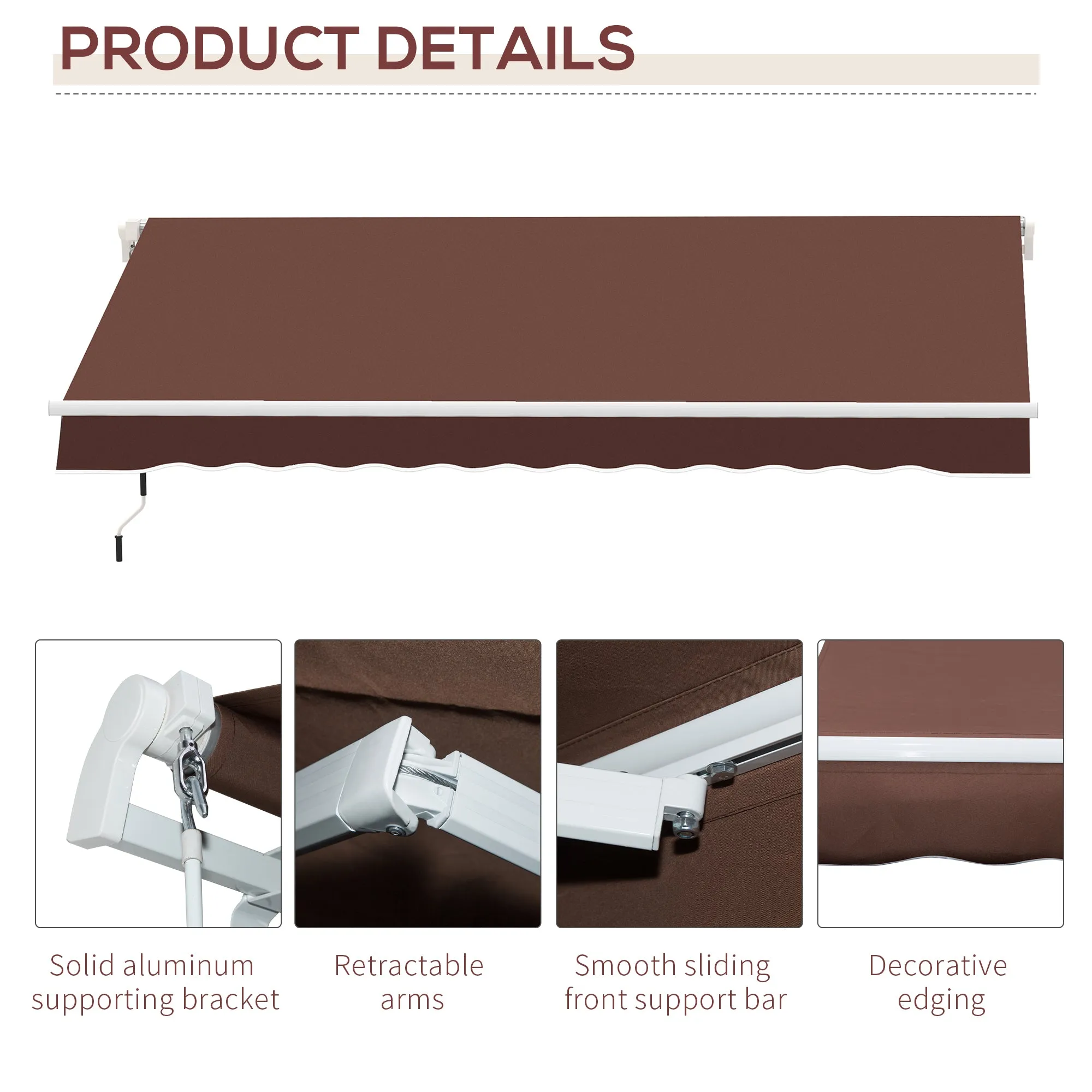 Outsunny 12' x 8' Retractable Awning Patio Awnings Sun Shade Shelter with Manual Crank Handle, 280g/m² UV & Water-Resistant Fabric and Aluminum Frame for Deck, Balcony, Yard, Brown