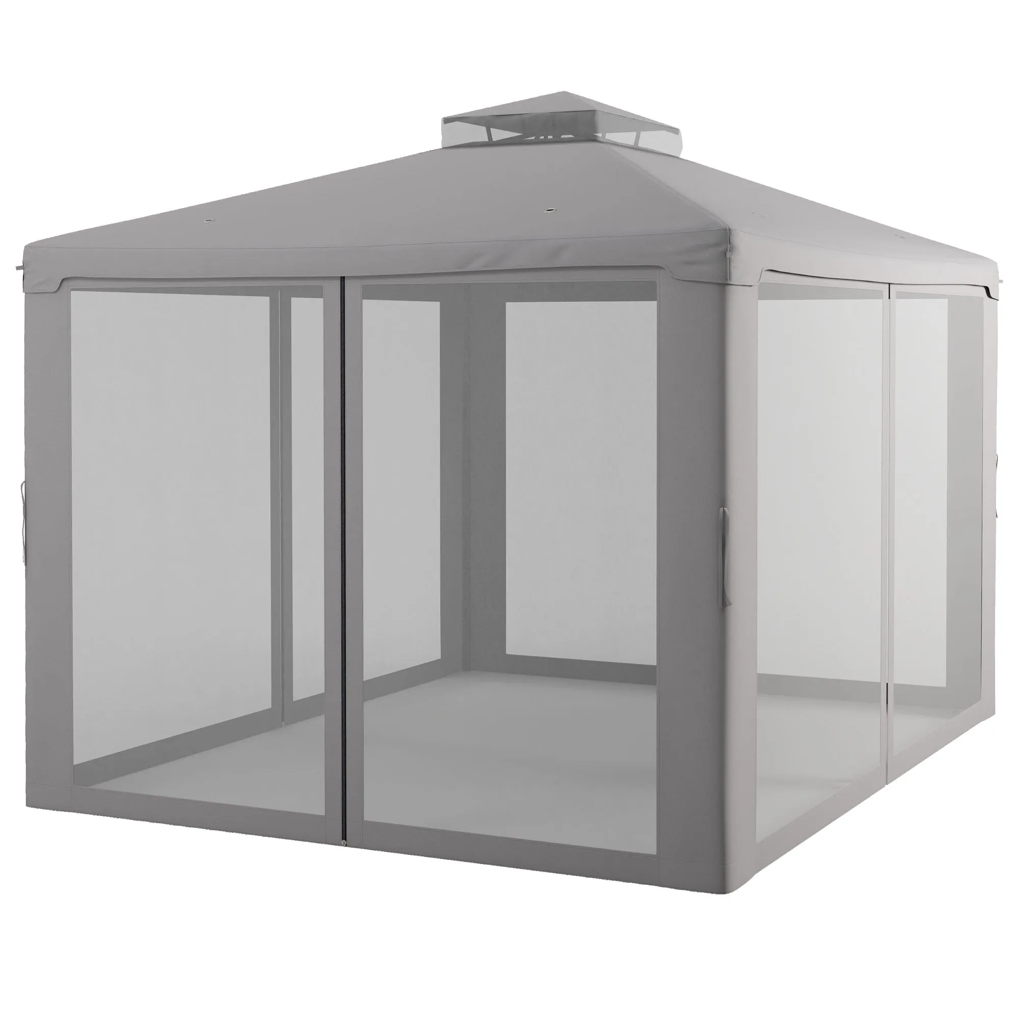 Outsunny 9.6' x 11.6' Patio Gazebo, Outdoor Canopy Shelter with 2-Tier Roof and Netting, Steel Frame for Garden, Lawn, Backyard, and Deck, Gray