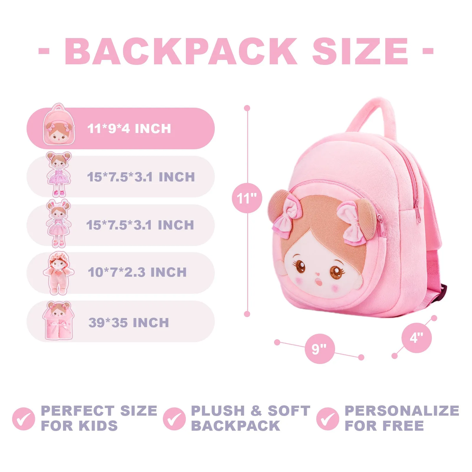 Personalized Pink Cat Plush Baby Girl Doll   Backpack