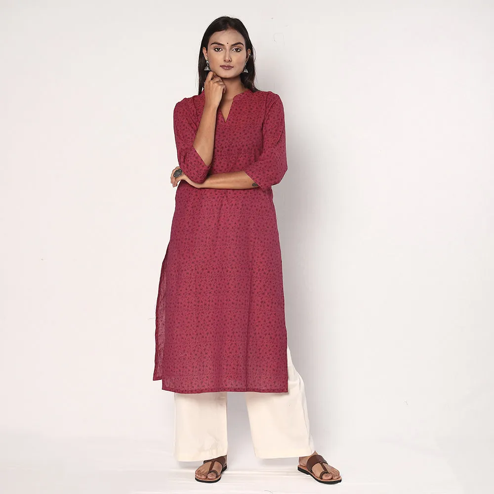 Pink - Tribal Motifs Hand Printed Cotton Casual Long Kurta