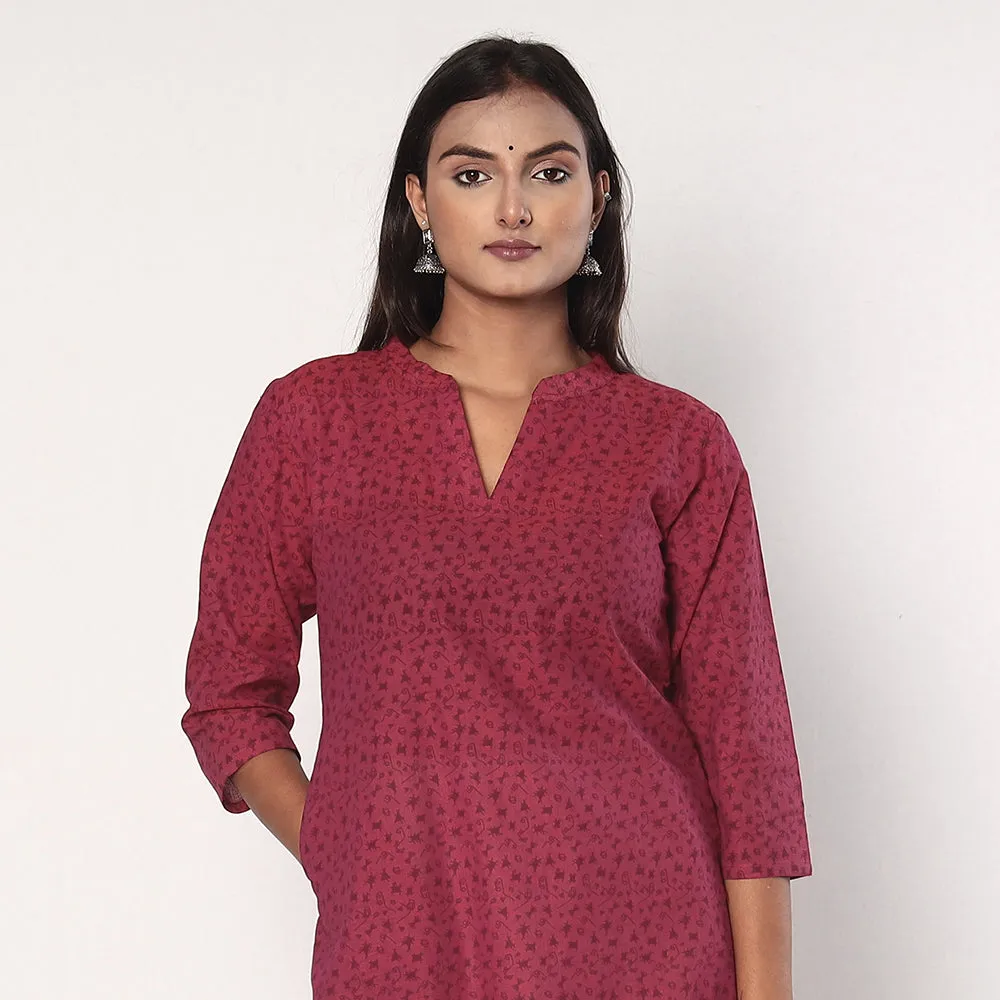 Pink - Tribal Motifs Hand Printed Cotton Casual Long Kurta