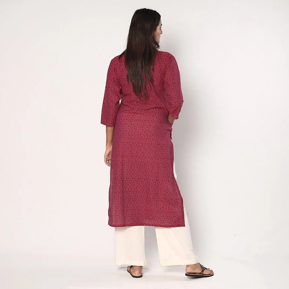 Pink - Tribal Motifs Hand Printed Cotton Casual Long Kurta