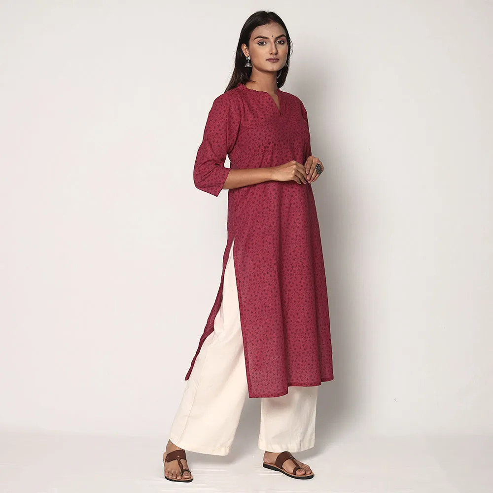 Pink - Tribal Motifs Hand Printed Cotton Casual Long Kurta