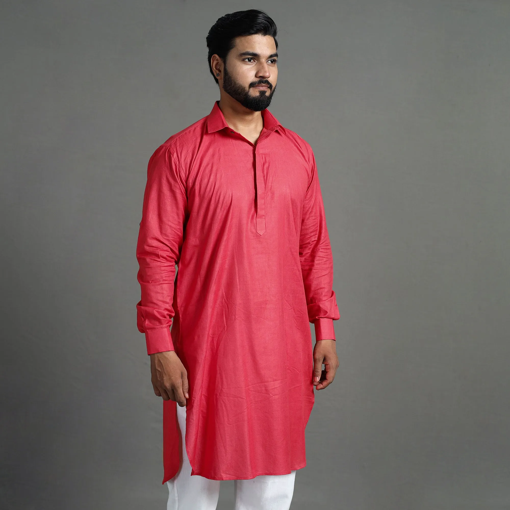 Pinkish Red - Linen Viscose Plain Men Long Pathani Kurta