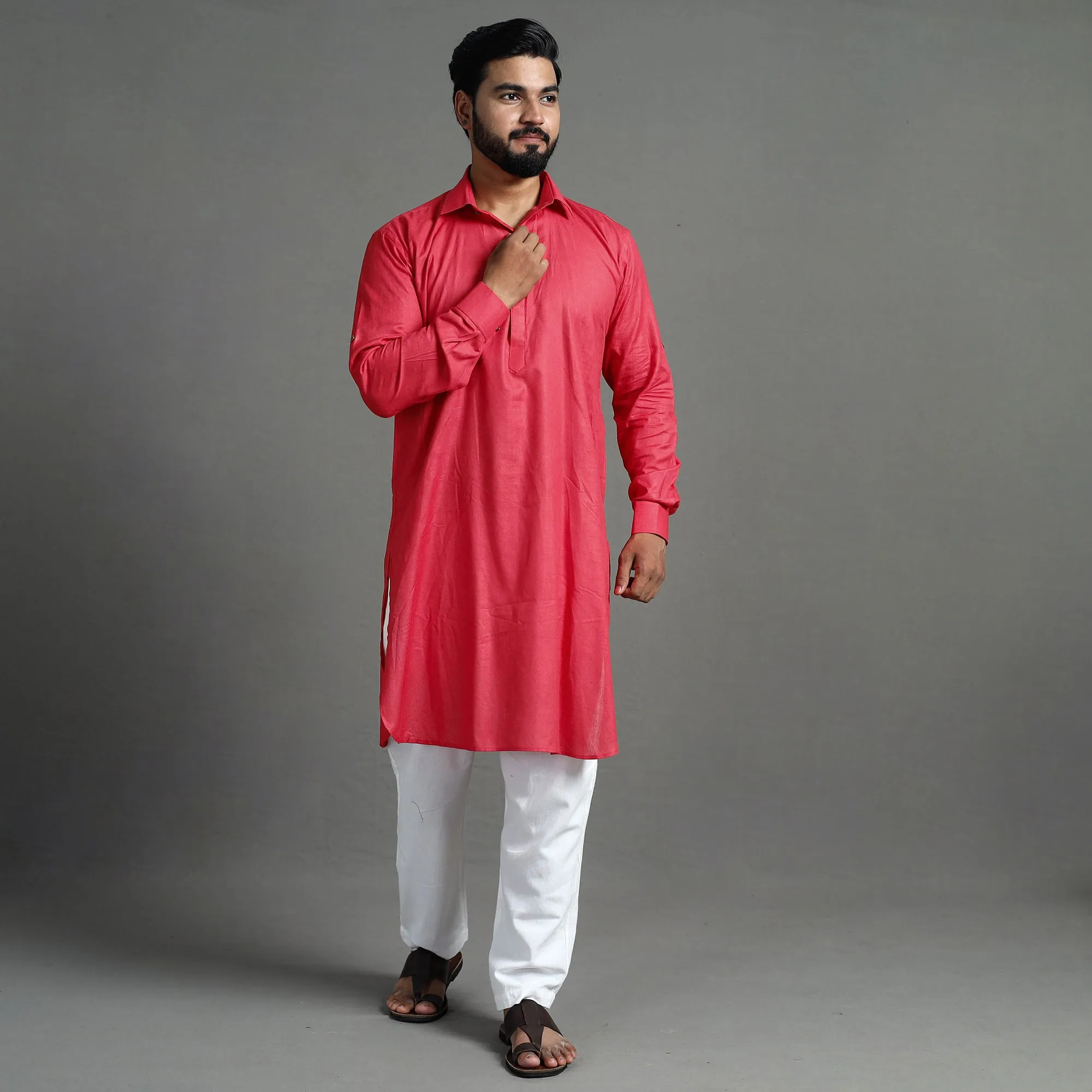 Pinkish Red - Linen Viscose Plain Men Long Pathani Kurta