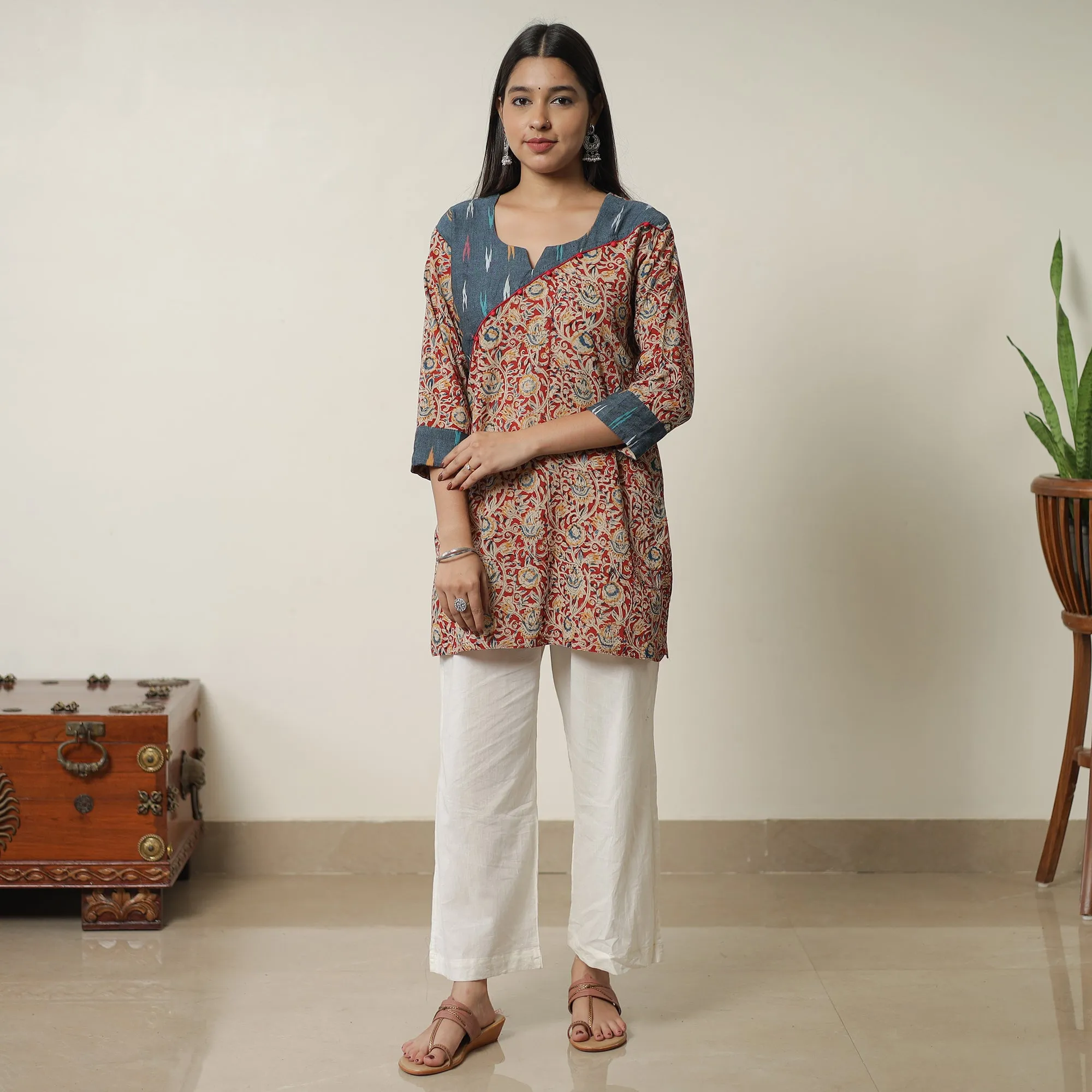 Red - Pedana Kalamkari Block Printed Cotton Short Kurta with Ikat Patchwork 01