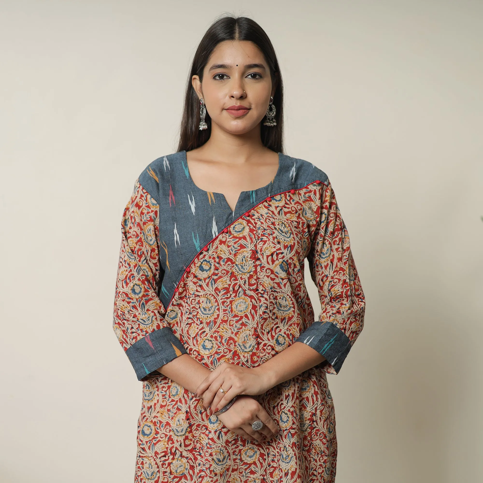 Red - Pedana Kalamkari Block Printed Cotton Short Kurta with Ikat Patchwork 01