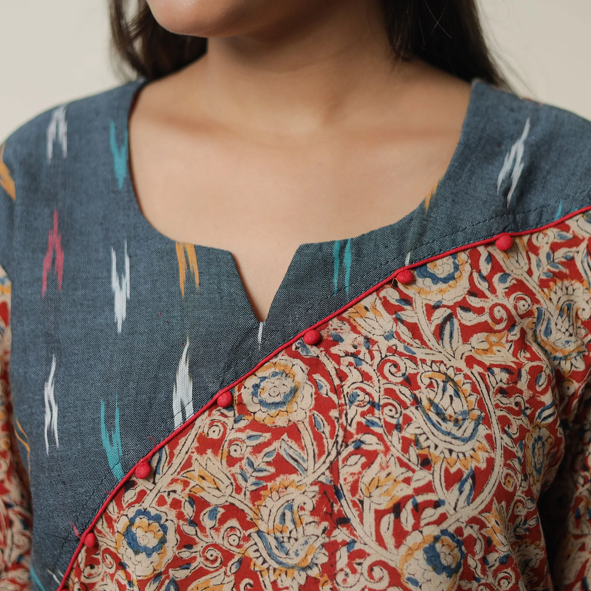 Red - Pedana Kalamkari Block Printed Cotton Short Kurta with Ikat Patchwork 01