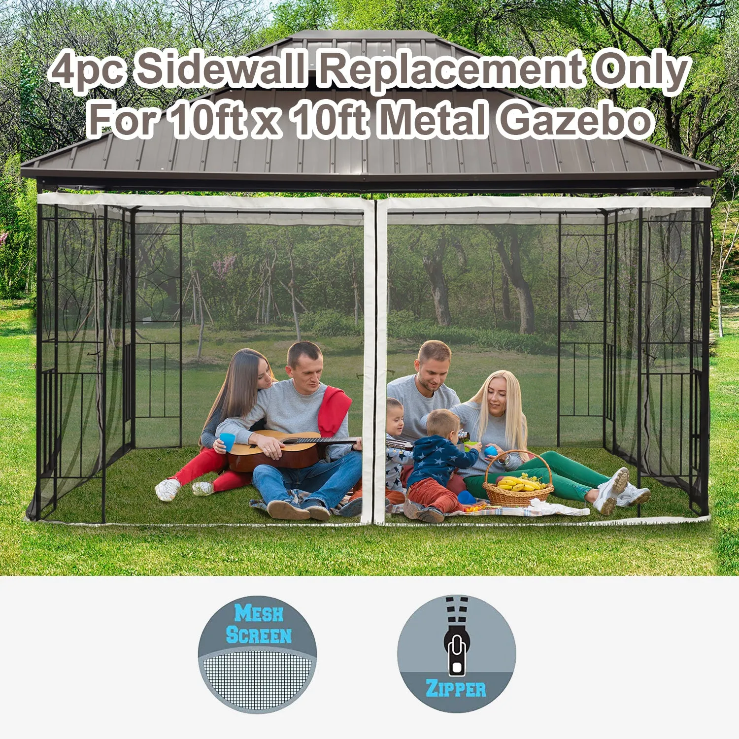 Replacement Mesh Mosquito Netting Screen Walls for 10 x 10ft Patio Gazebo, 4-panel Sidewalls with Zippers (Wall Only, Canopy Not Included)