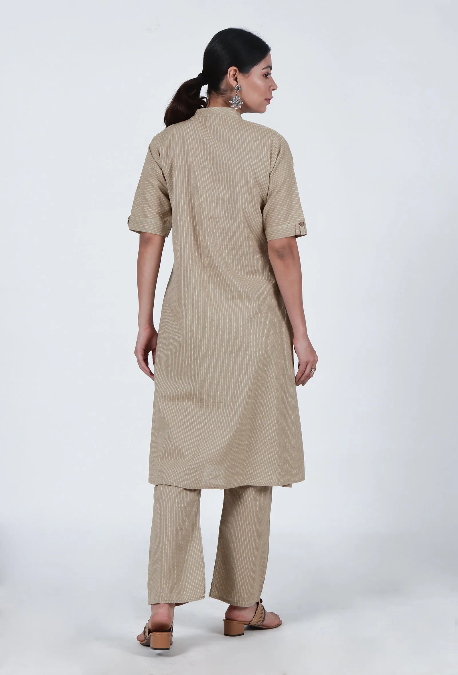 Set Of 2: Beige Cotton Kurta & Pant Set