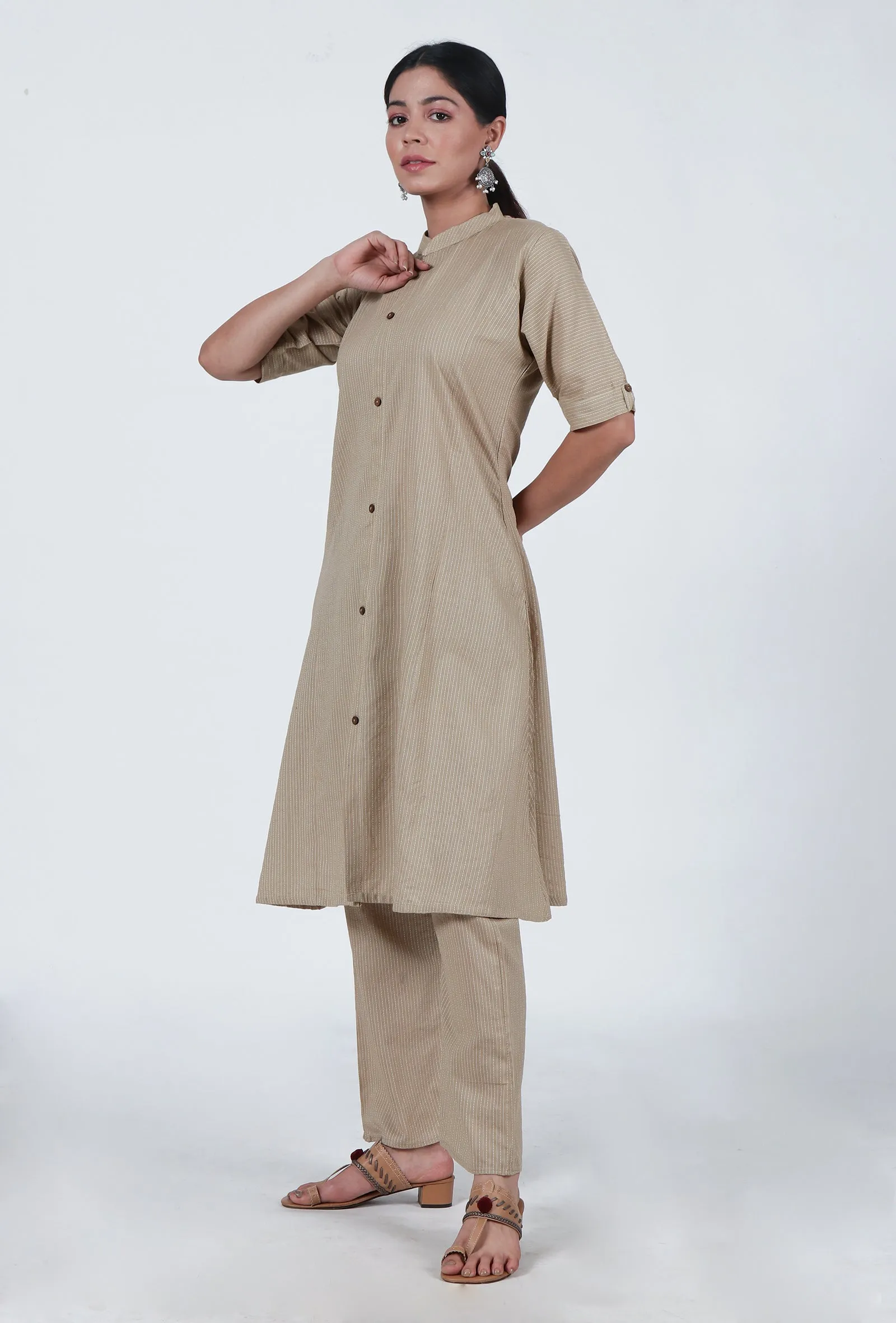 Set Of 2: Beige Cotton Kurta & Pant Set