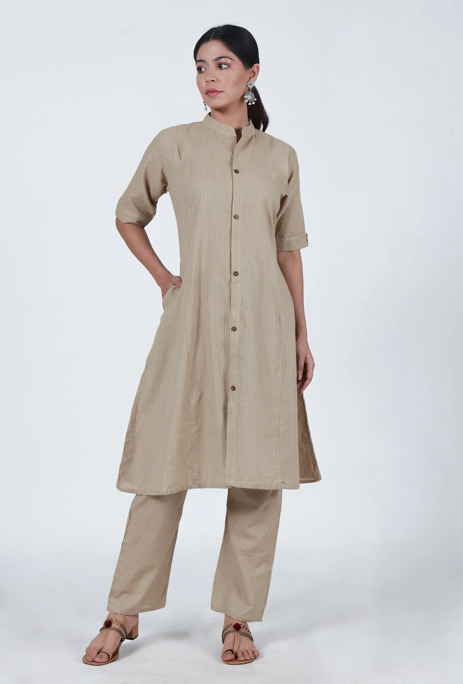 Set Of 2: Beige Cotton Kurta & Pant Set