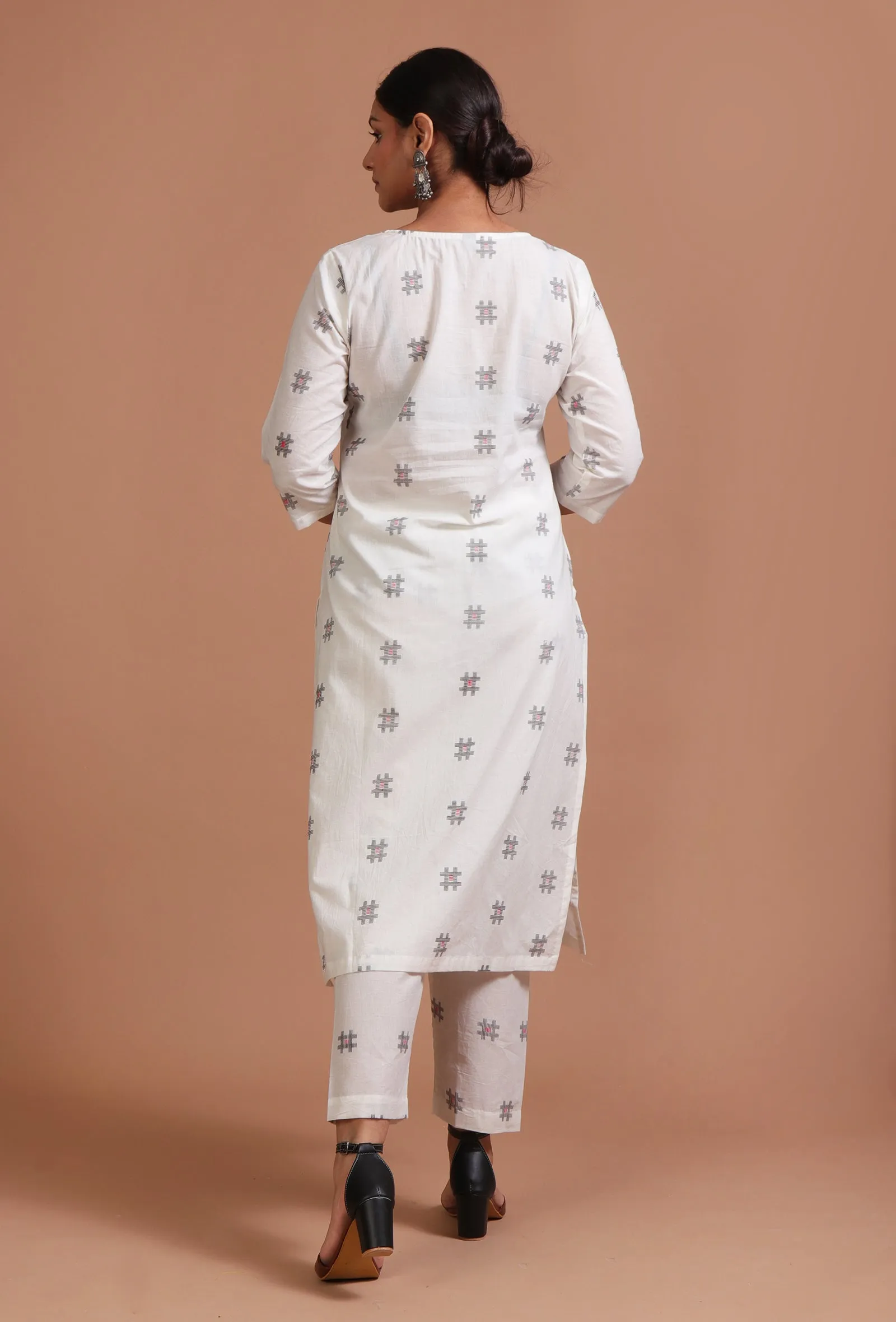 Set Of 2: White & Black Cotton Plain Kurta & Pant Set